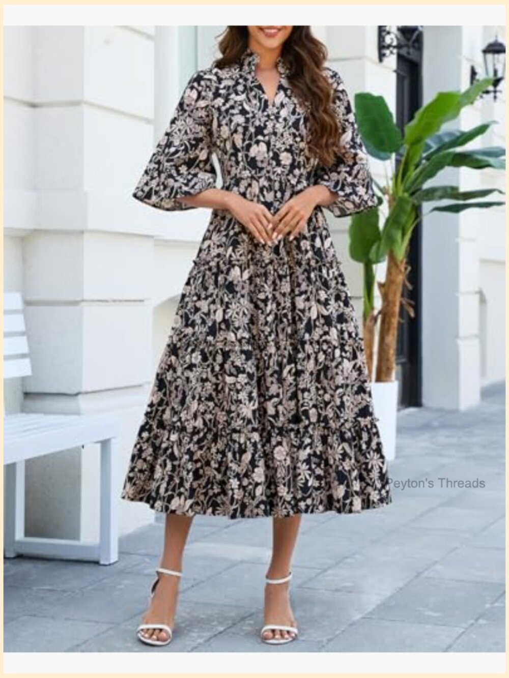 Women's Floral Ruffle Midi Dress V Neck Bell Sleeve Flowy Tiered Long Dress - Picture 4 of 7